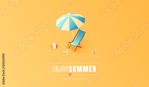 Summer. Vacation and travel concept. Umbrella, beach chair and a ball on the beach. Flat style vector illustration