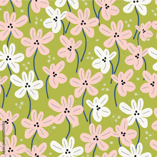 Seamless floral pattern with ditsy modern hand drawn flowers for spring and s...