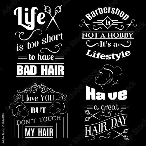 Quote typographical background about hair and barber with illustration of vintage scissors. Vector template for poster business card banner and t-shirt