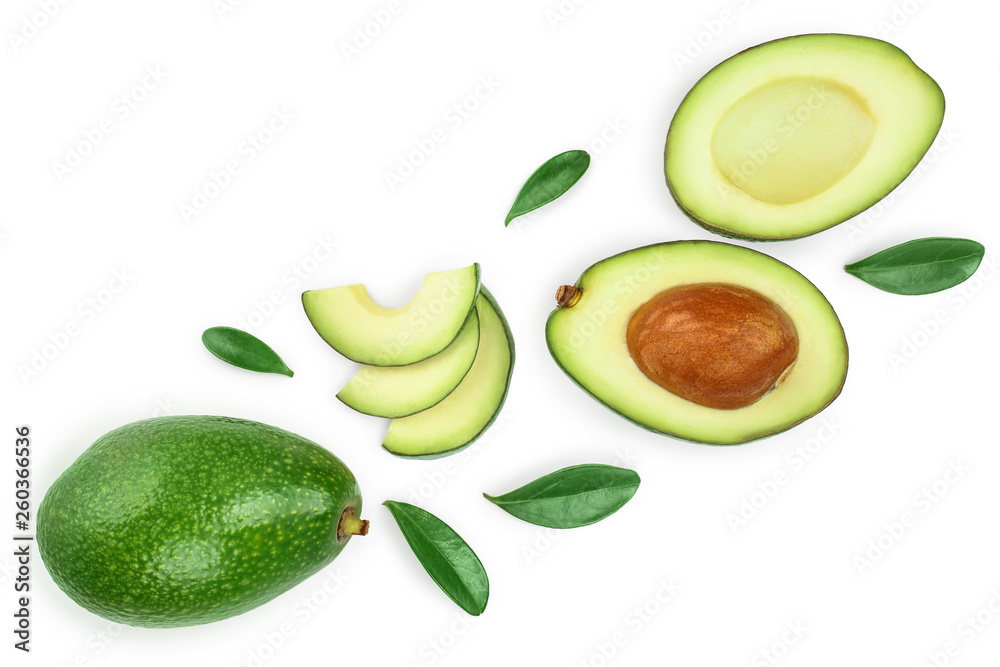 avocado and slices isolated on white background with copy space for your text. Top view. Flat lay avocado and slices isolated on white background with copy space for your text. Top view. Flat lay