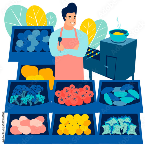 Business, a man sells fruits and vegetables. Flat in minimalist style. Cartoon vector