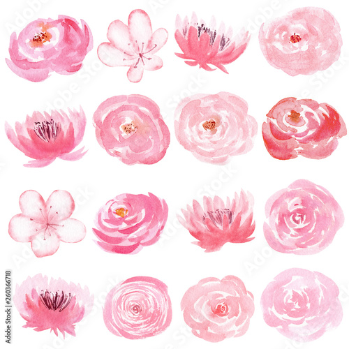 Obraz na płótnie Set of hand painted watercolor flowers in pastel pink color. w salonie