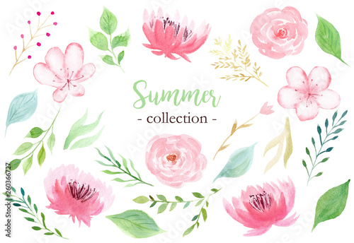 Set of hand painted watercolor flowers in pastel pink color.