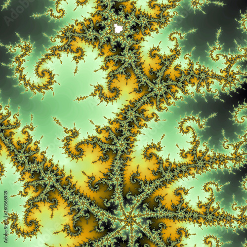 Green and yellow fractal spirals, digital artwork for creative graphic design