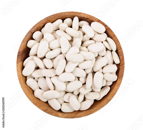 white kidney bean in wooden bowl isolated on white background. Top view. Flat lay