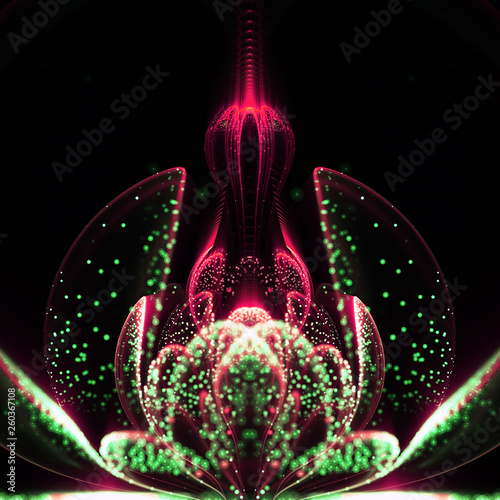 Dark red and green fractal flower, digital artwork for creative graphic design © Keila Neokow