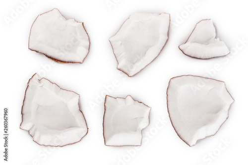 piece of coconut isolated on white background. Top view. Flat lay