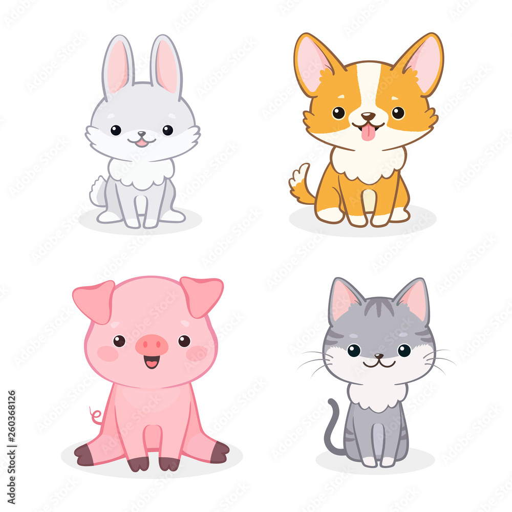 Set of cute animal characters on isolated white background Set of cute animal characters on isolated white background