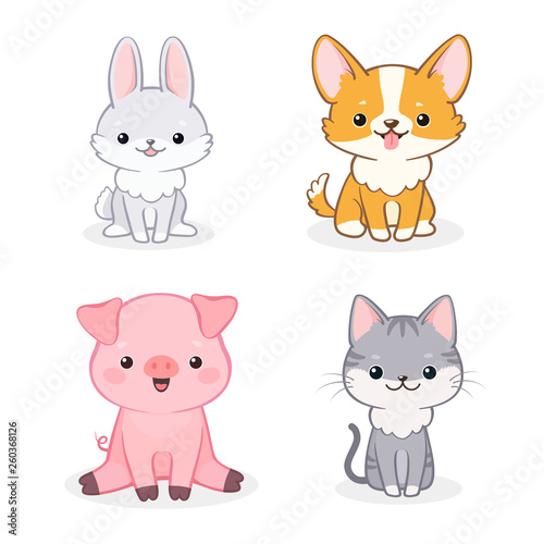 Set of cute animal characters on isolated white background