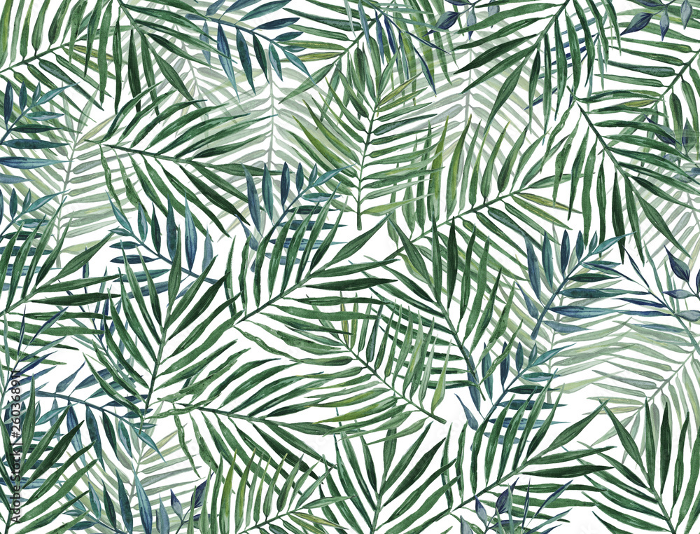 Watercolor background with palm leaves. Watercolor background with palm leaves.