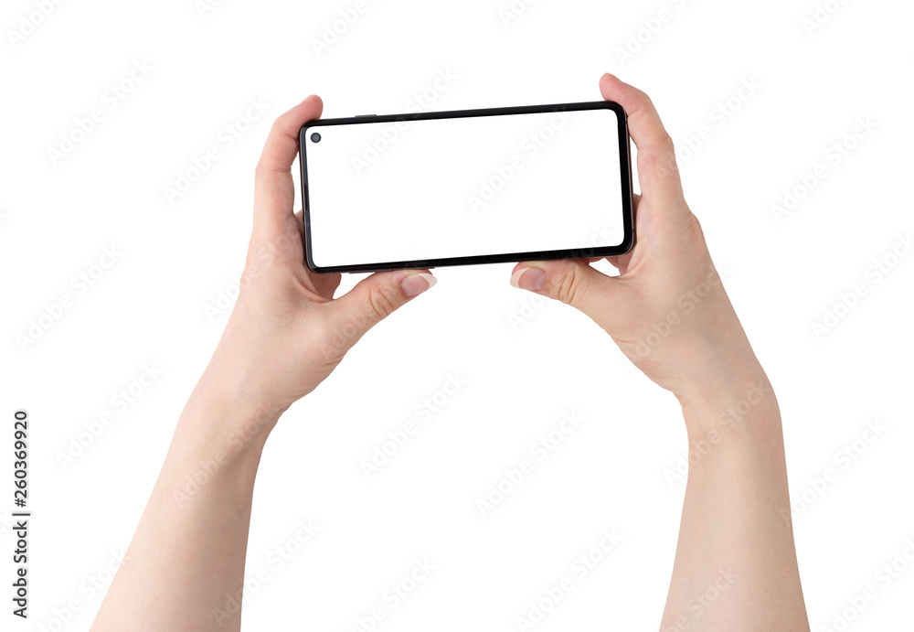 Smartphone with a blank white screen. New popular smartphone in hands on white background. Smartphone with a blank white screen. New popular smartphone in hands on white background.