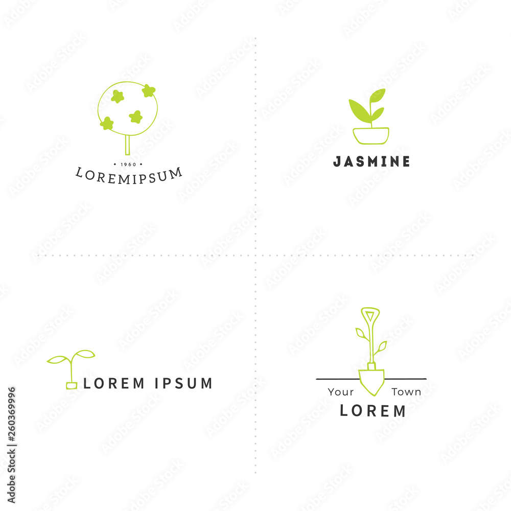 Vector garden logo templates. Hand drawn colored elements.