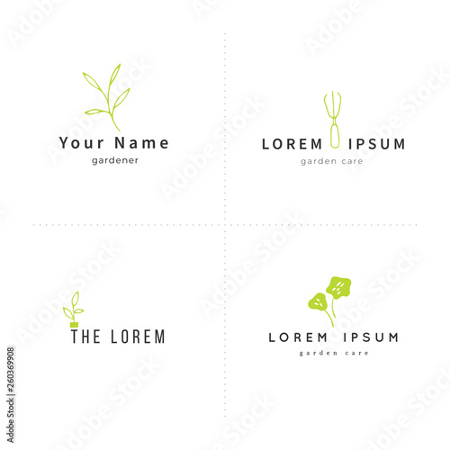 Hand drawn colored isolated elements. Vector garden logo templates set.