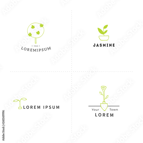 Vector garden logo templates. Hand drawn colored elements.