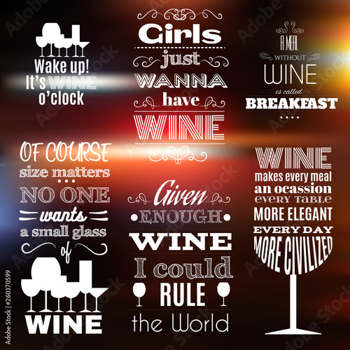Collection of quote typographical backgrounds with curles and  silhouette of glass and woman. Template for card and banner.Vector EPS10 illustration.
