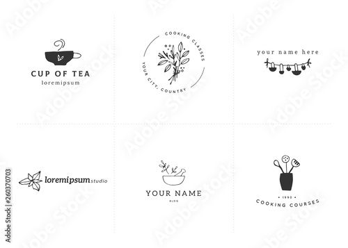 Vector hand drawn kitchen logo templates set.