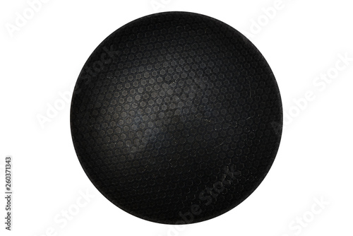 Black metal sphere object with hexagonal texture isolated on white background. Planetary design