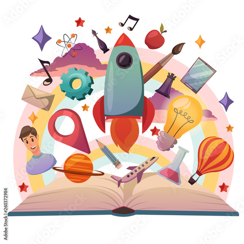 Imagination science concept. Back to school, creativity, travel. Little children study and grow.