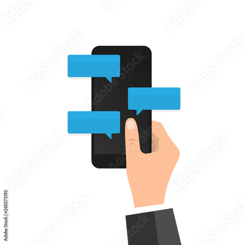 New Chat messages notification on phone flat design messages bubbles on screen, person chatting on mobile. Person's avatars