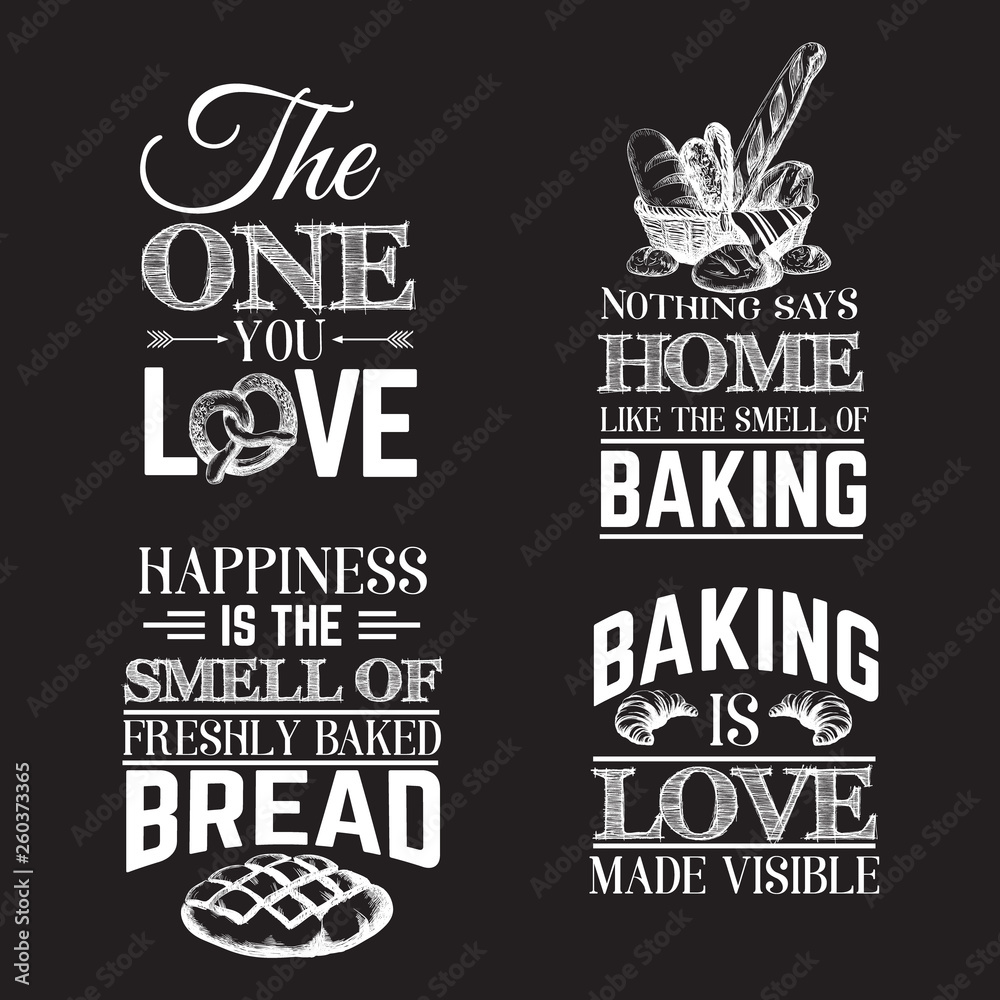Fototapeta premium Quote typographical background about bread with hand drawn sketch realistic style illustration of croissant, pretzel, bread basket. Template for business caed poster banner and print for t-shirt.