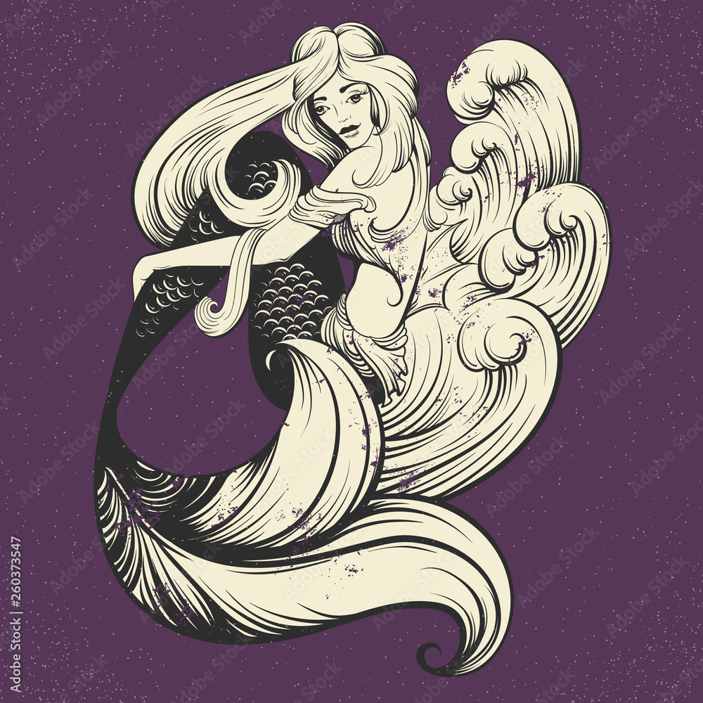 Vector illustration of beautiful mermaid with long hair and sea waves ...