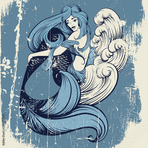 Dekoracja na wymiar  vector-illustration-of-beautiful-mermaid-with-long-hair-and-sea-waves-mad-in-realistic-hand-drawn-sketch-line-stile-template-for-postcard-poster-banner-and-print-for-t-shirt