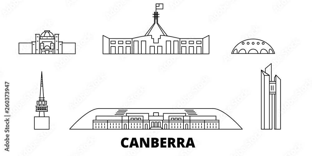 Australia, Canberra flat travel skyline set. Australia, Canberra black city vector panorama, illustration, travel sights, landmarks, streets.
