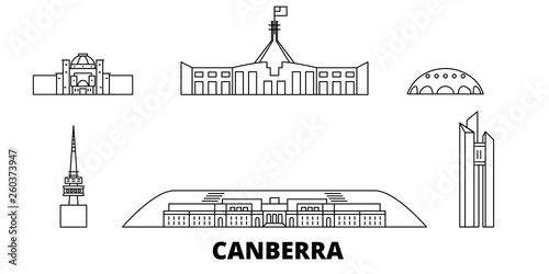 Obraz na płótnie Australia, Canberra flat travel skyline set. Australia, Canberra black city vector panorama, illustration, travel sights, landmarks, streets. w salonie