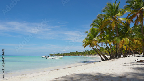 Fototapeta Naklejka Na Ścianę i Meble -  Maldivian beach with coconut palms on white sand. A white fishing boat is rocking on a turquoise sea wave off a tropical coast on a sunny summer day. Travel to tropical paradise. 