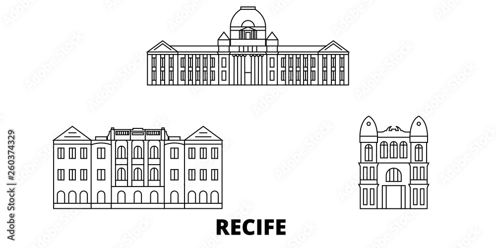Brazil , Recife flat travel skyline set. Brazil , Recife black city vector panorama, illustration, travel sights, landmarks, streets.