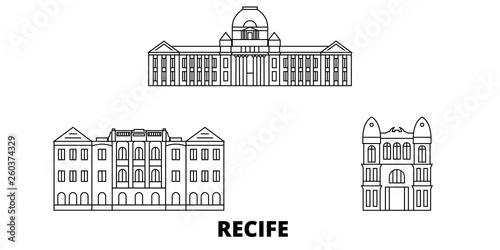 Obraz na płótnie Brazil , Recife flat travel skyline set. Brazil , Recife black city vector panorama, illustration, travel sights, landmarks, streets. w salonie