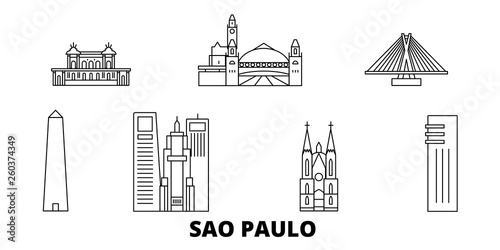 Brazil, Sao Paulo flat travel skyline set. Brazil, Sao Paulo black city vector panorama, illustration, travel sights, landmarks, streets.
