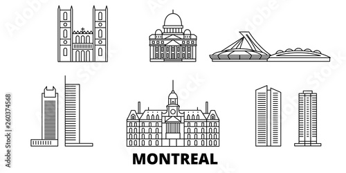 Canada, Montreal flat travel skyline set. Canada, Montreal black city vector panorama, illustration, travel sights, landmarks, streets.