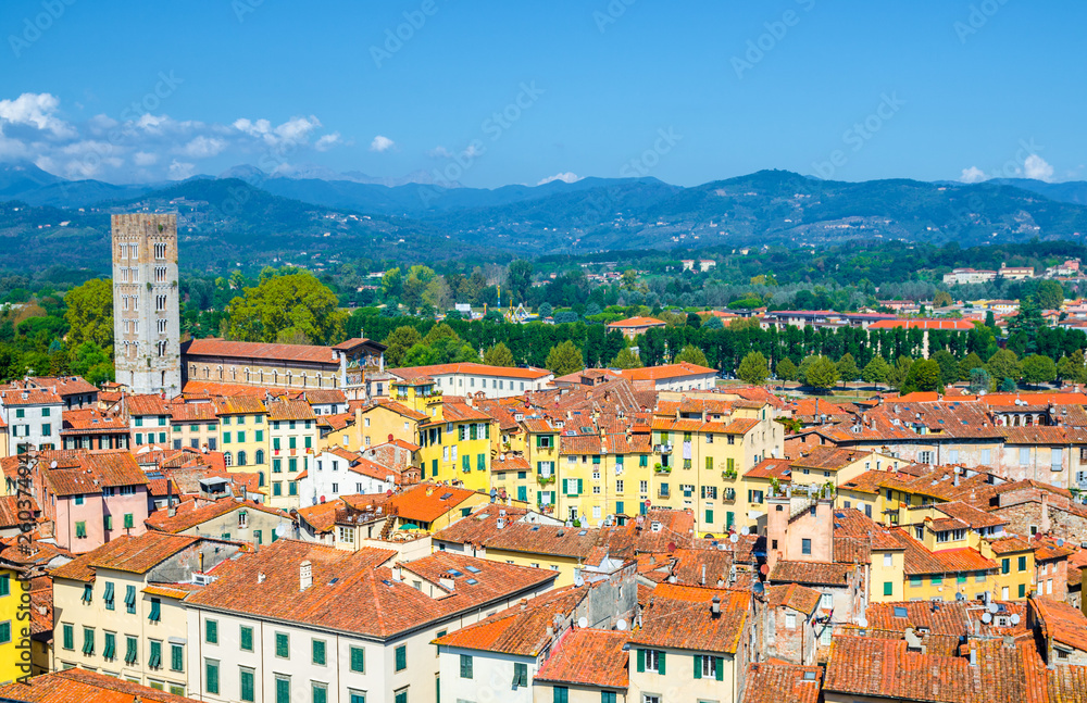 Aerial top panoramic view of Piazza dell Anfiteatro square, Chiesa di San Frediano church in historical centre medieval town Lucca with terracotta tiled roofs, green hills background, Tuscany, Italy