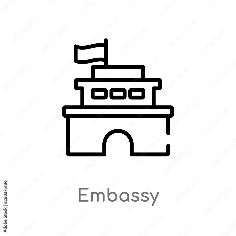 outline embassy vector icon. isolated black simple line element illustration from buildings concept. editable vector stroke embassy icon on white background outline embassy vector icon. isolated black simple line element illustration from buildings concept. editable vector stroke embassy icon on white background