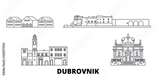 Croatia, Dubrovnik flat travel skyline set. Croatia, Dubrovnik black city vector panorama, illustration, travel sights, landmarks, streets.