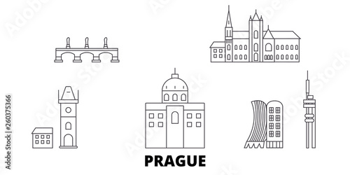 Czech Republic, Prague flat travel skyline set. Czech Republic, Prague black city vector panorama, illustration, travel sights, landmarks, streets.
