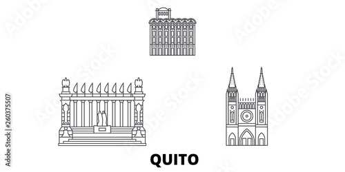 Ecuador, Guayaquil, Quito flat travel skyline set. Ecuador, Guayaquil, Quito black city vector panorama, illustration, travel sights, landmarks, streets.