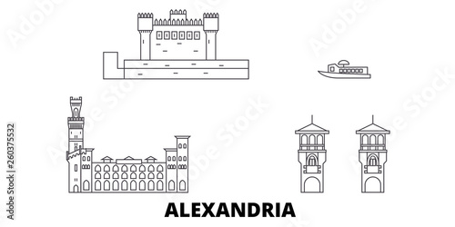 Egypt, Alexandria flat travel skyline set. Egypt, Alexandria black city vector panorama, illustration, travel sights, landmarks, streets.