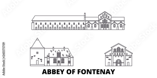 France, Abbey Of Fontenay  flat travel skyline set. France, Abbey Of Fontenay  black city vector panorama, illustration, travel sights, landmarks, streets.