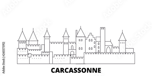 France, Carcassonne Landmark flat travel skyline set. France, Carcassonne Landmark black city vector panorama, illustration, travel sights, landmarks, streets.
