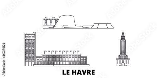 France, Le Havre flat travel skyline set. France, Le Havre black city vector panorama, illustration, travel sights, landmarks, streets.