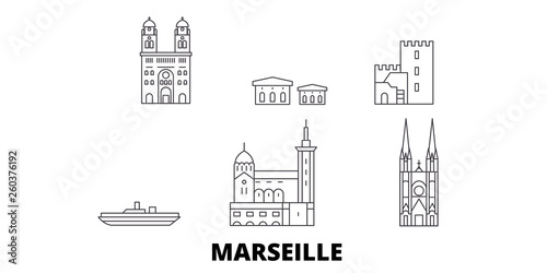 France, Marseille flat travel skyline set. France, Marseille black city vector panorama, illustration, travel sights, landmarks, streets.