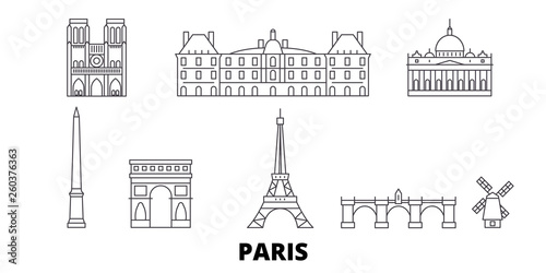 France, Paris flat travel skyline set. France, Paris black city vector panorama, illustration, travel sights, landmarks, streets.