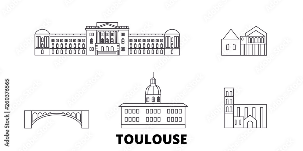 France, Toulouse flat travel skyline set. France, Toulouse black city vector panorama, illustration, travel sights, landmarks, streets.