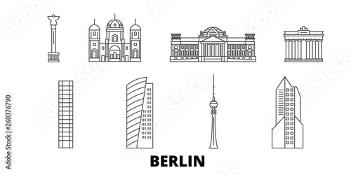 Germany, Berlin flat travel skyline set. Germany, Berlin black city vector panorama, illustration, travel sights, landmarks, streets.