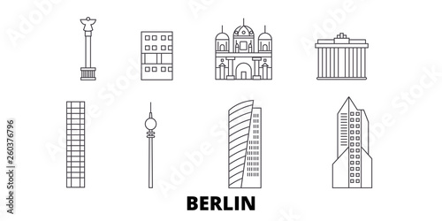 Germany, Berlin City flat travel skyline set. Germany, Berlin City black city vector panorama, illustration, travel sights, landmarks, streets.
