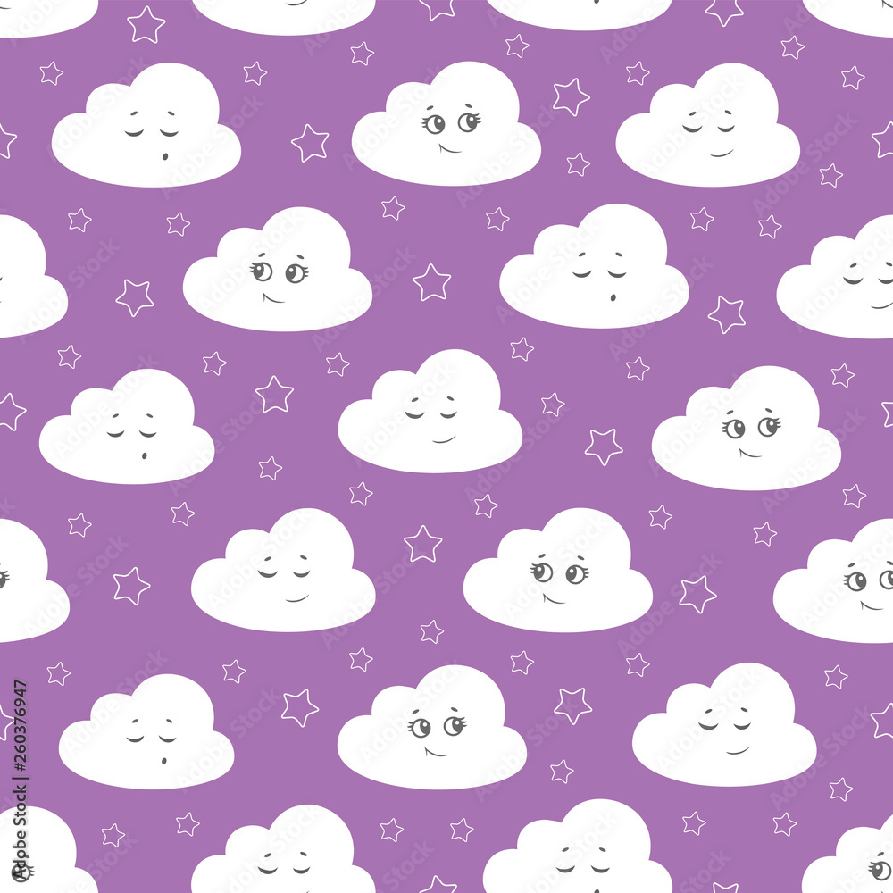 Children seamless pattern with cute clouds, stars on a purple background. vector illustration baby seamless pattern