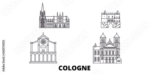 Germany, Cologne flat travel skyline set. Germany, Cologne black city vector panorama, illustration, travel sights, landmarks, streets.
