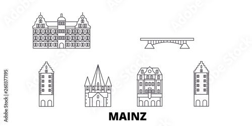 Germany, Mainz flat travel skyline set. Germany, Mainz black city vector panorama, illustration, travel sights, landmarks, streets.